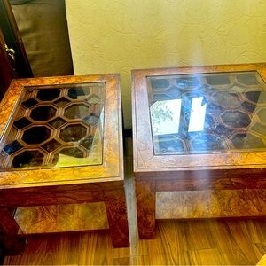 1980s Chinese Chippendale Walnut and Glass Top Side Tables!